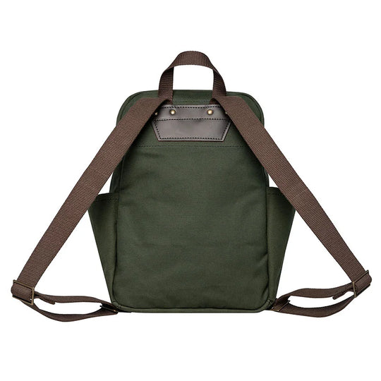 NEW Standard Backpack in Olive Drab with brown straps, handmade canvas and leather, durable outdoor gear by Duluth Pack shown from the back.