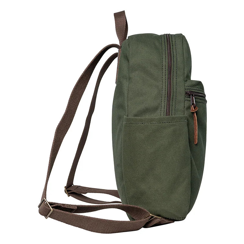 NEW Standard Backpack in Olive Drab with side pockets and durable canvas construction, designed for outdoor use and crafted by Duluth Pack.