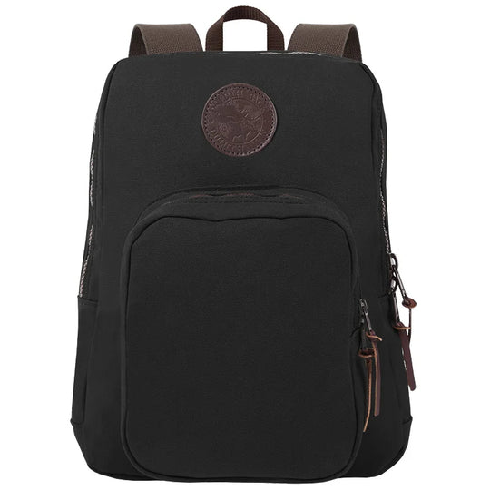 Large Standard Backpack in black canvas with leather accents by Duluth Pack, designed for durable outdoor use and rugged everyday carrying.