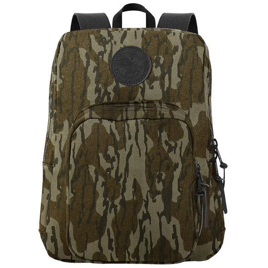 Large Standard Backpack in Mossy Oak Bottomland Camo featuring tough canvas construction and durable zippers, designed for rugged outdoor use by Duluth Pack.