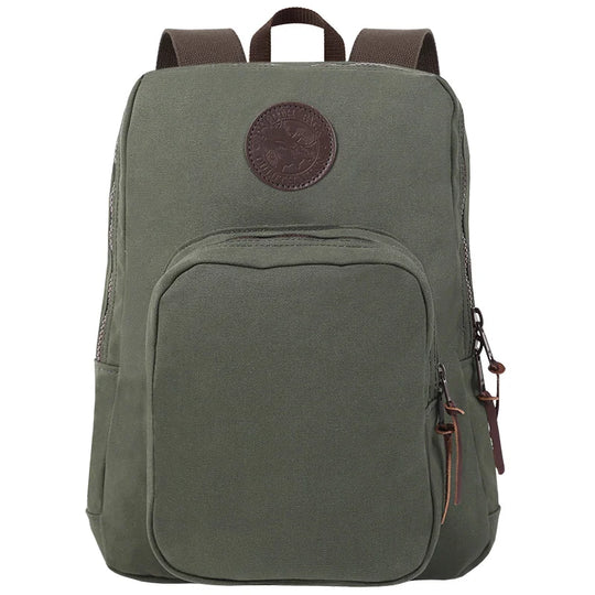 Large Standard Backpack in Olive Drab by Duluth Pack, crafted from durable canvas with leather accents, ideal for rugged outdoor adventures and everyday use.