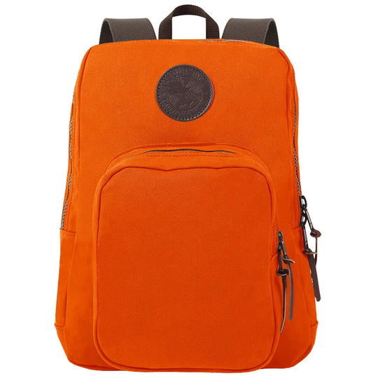 Large Standard Backpack in vibrant orange waxed canvas with durable leather patch, designed by Duluth Pack for rugged outdoor use and everyday adventure.