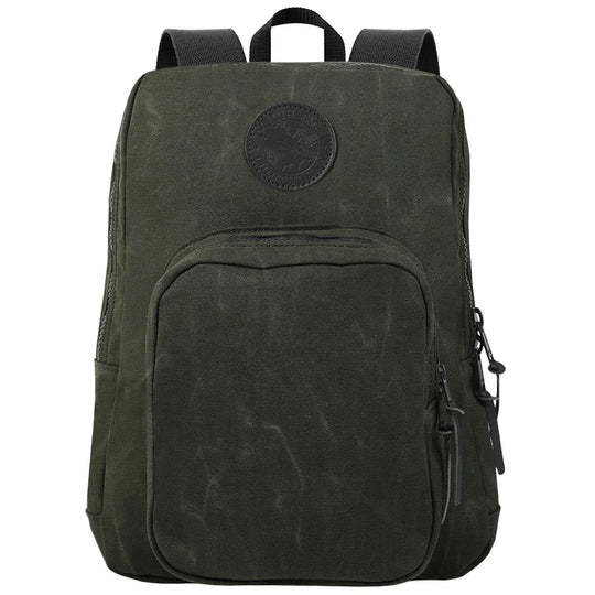 Large Standard Backpack in waxed olive drab canvas with durable brass hardware, featuring rugged construction ideal for outdoor use and everyday carry.
