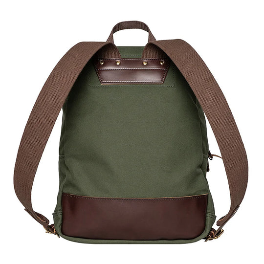 Large Standard Backpack in Olive Drab with leather backing and brown straps, handcrafted for rugged outdoor use by Duluth Pack.