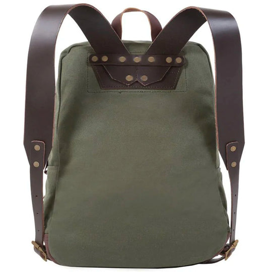 Deluxe Laptop Backpack in Olive Drab with rugged canvas and leather straps, designed by Duluth Pack for durable outdoor and everyday use.