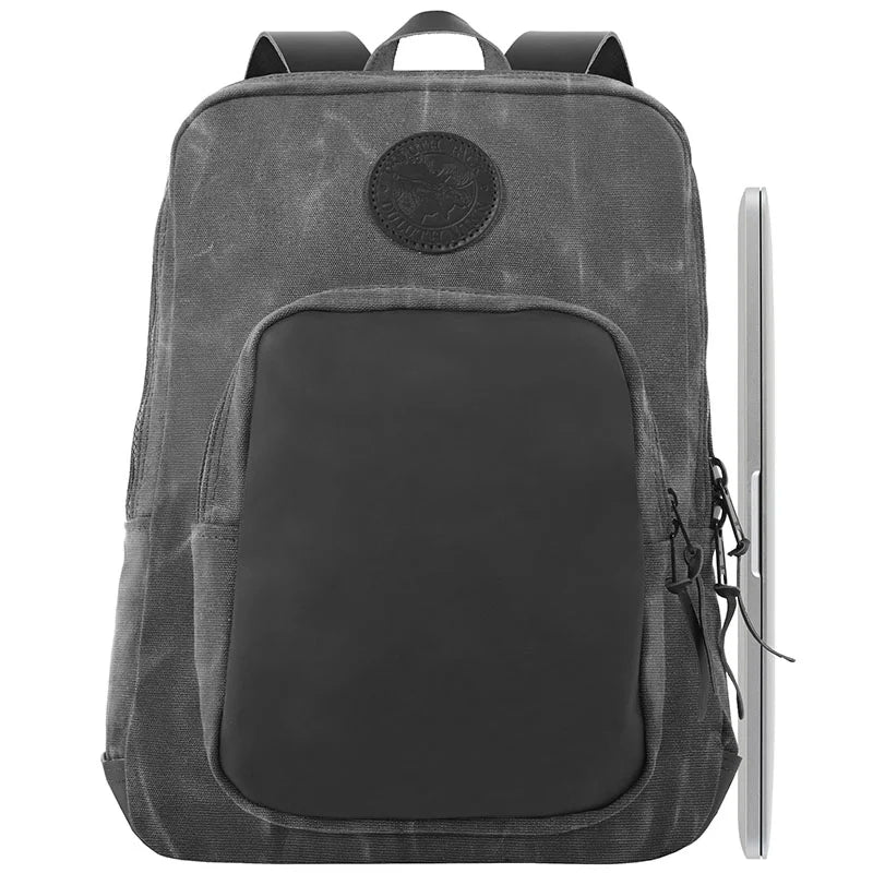 Deluxe Laptop Backpack in Waxed Grey featuring rugged canvas and durable leather details, designed by Duluth Pack for reliable outdoor and everyday use.
