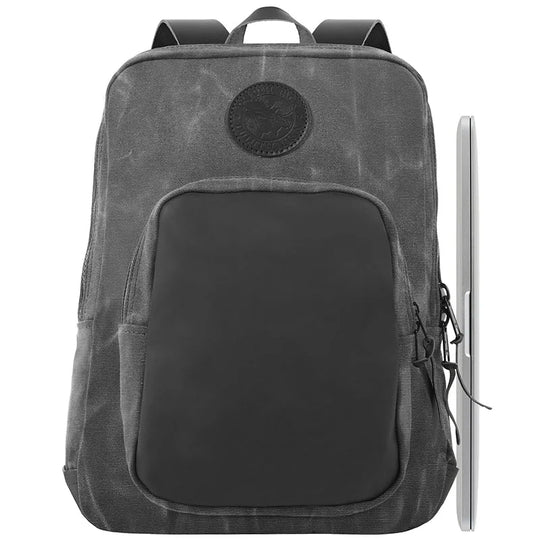 Deluxe Laptop Backpack in Waxed Grey featuring rugged canvas and durable leather details, designed by Duluth Pack for reliable outdoor and everyday use.