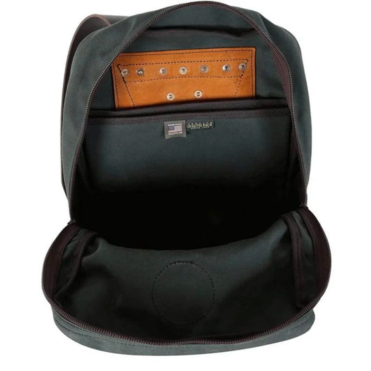 Deluxe Laptop Backpack in Waxed Olive Drab open to show roomy interior with durable canvas lining and leather detail pocket, crafted by Duluth Pack for rugged outdoor use.