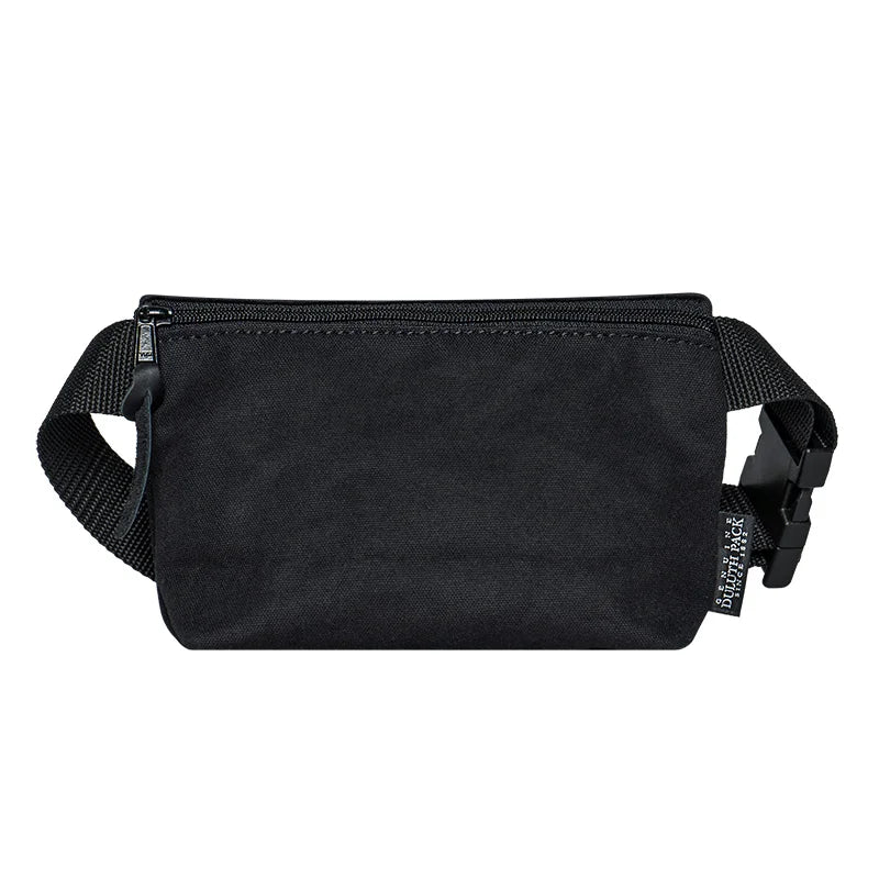 Mini Belt Bag in black canvas with adjustable strap, durable and crafted by Duluth Pack, designed for easy carrying of essentials during outdoor adventures.
