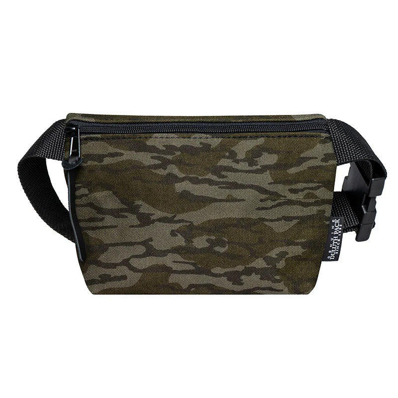 Mini Belt Bag in camo canvas with adjustable strap, designed by Duluth Pack for durable, lightweight outdoor use and easy carrying of essentials.
