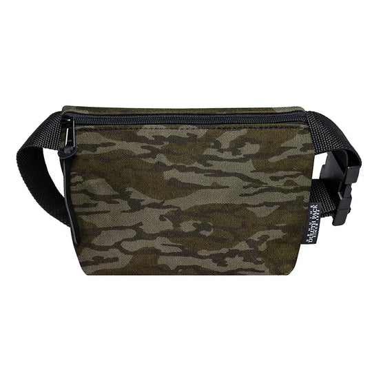 Mini Belt Bag in camo canvas with adjustable strap, designed by Duluth Pack for durable, lightweight outdoor use and easy carrying of essentials.