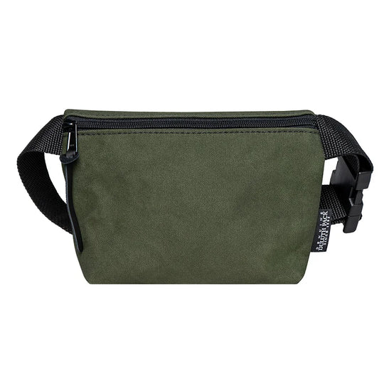 Mini Belt Bag in Olive Drab canvas with black adjustable strap, designed by Duluth Pack for durable, compact carrying of essentials in outdoor settings.