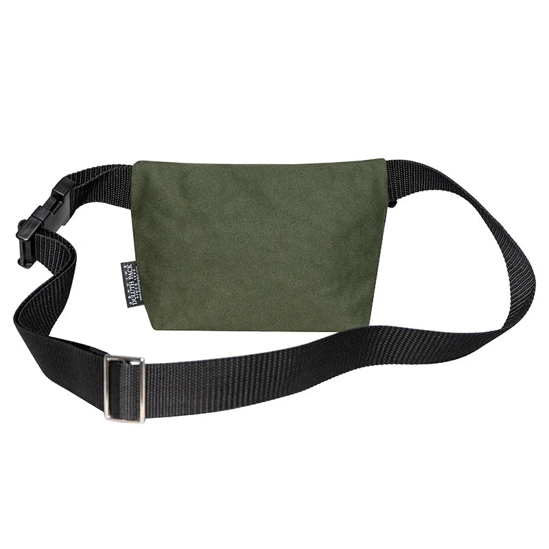 Mini Belt Bag in Olive Drab canvas with adjustable black strap, designed by Duluth Pack for rugged outdoor use and everyday carry convenience.