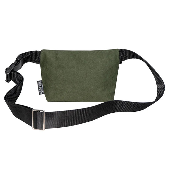 Mini Belt Bag in Olive Drab canvas with adjustable black strap, designed by Duluth Pack for rugged outdoor use and everyday carry convenience.