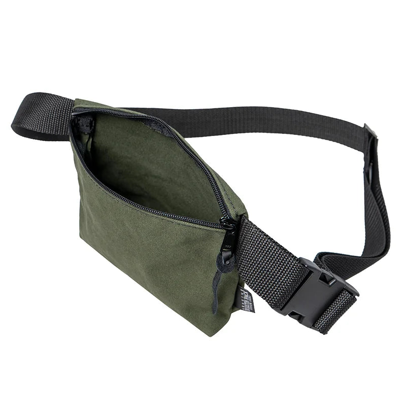 Mini Belt Bag in Olive Drab canvas with adjustable black strap, featuring durable zipper and compact design for easy everyday carry by Duluth Pack.