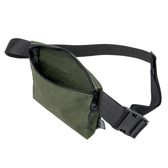 Mini Belt Bag in Olive Drab canvas with adjustable black strap, featuring durable zipper and compact design for easy everyday carry by Duluth Pack.