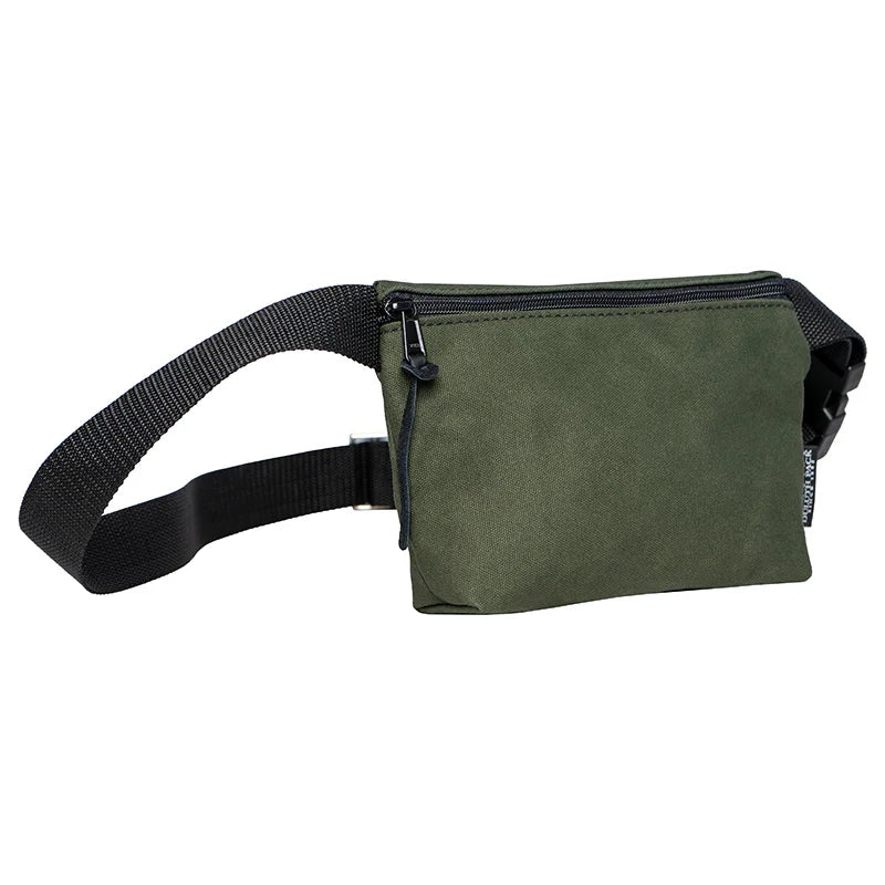 Mini Belt Bag in Olive Drab canvas with adjustable black strap, durable outdoor gear by Duluth Pack designed for carrying essentials with ease and rugged style.
