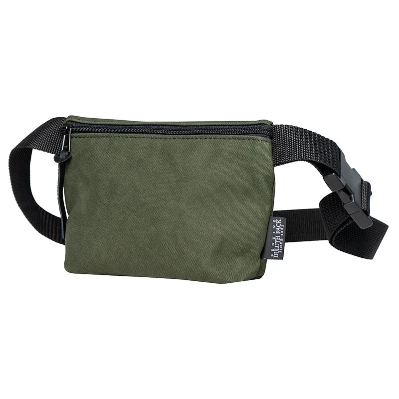 Mini Belt Bag in Olive Drab canvas with adjustable black strap, crafted by Duluth Pack for durable, hands-free carrying of essentials outdoors.