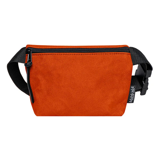 Mini Belt Bag in vibrant orange canvas with adjustable black strap, crafted by Duluth Pack for durable, lightweight outdoor use.