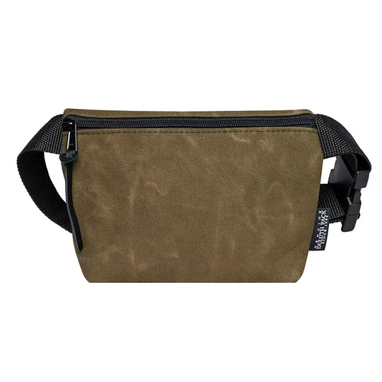 Mini Belt Bag in waxed khaki canvas with black adjustable strap, crafted by Duluth Pack for durable, hands-free carrying of essentials outdoors.