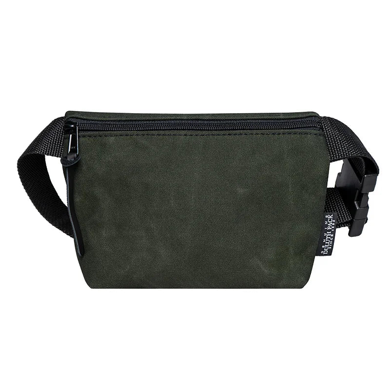Mini Belt Bag in waxed olive drab canvas with adjustable black strap, showcasing durable handmade craftsmanship by Duluth Pack for outdoor use