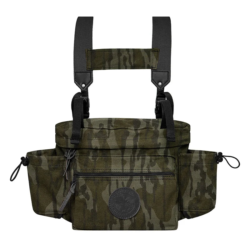 All Day Lumbar Pack in Mossy Oak Bottomland Camo with durable canvas and removable straps, designed by Duluth Pack for rugged outdoor use and lasting performance.