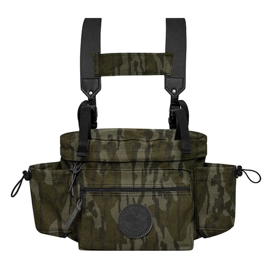 All Day Lumbar Pack in Mossy Oak Bottomland Camo with durable canvas and removable straps, designed by Duluth Pack for rugged outdoor use and lasting performance.