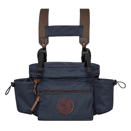 All Day Lumbar Pack in navy with removable shoulder straps and waist belt, handmade by Duluth Pack, designed for durable outdoor use and rugged adventures.