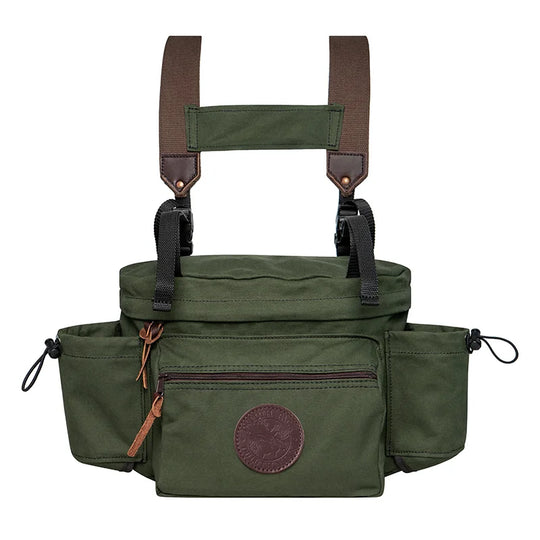 All Day Lumbar Pack in Olive Drab with durable canvas and leather accents by Duluth Pack, designed for rugged outdoor use and comfortable hands-free carrying.