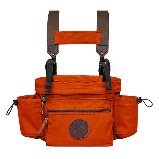 All Day Lumbar Pack in vibrant orange with durable canvas and leather accents, designed by Duluth Pack for rugged outdoor use and versatile day hiking gear.