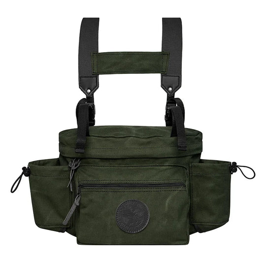 All Day Lumbar Pack in olive drab canvas with removable straps, designed by Duluth Pack for durable outdoor use and rugged daypack functionality.