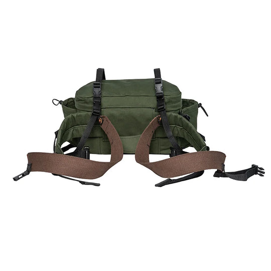 All Day Lumbar Pack in Olive Drab with removable shoulder straps and waist belt, crafted by Duluth Pack for durable outdoor use and reliable rugged performance.