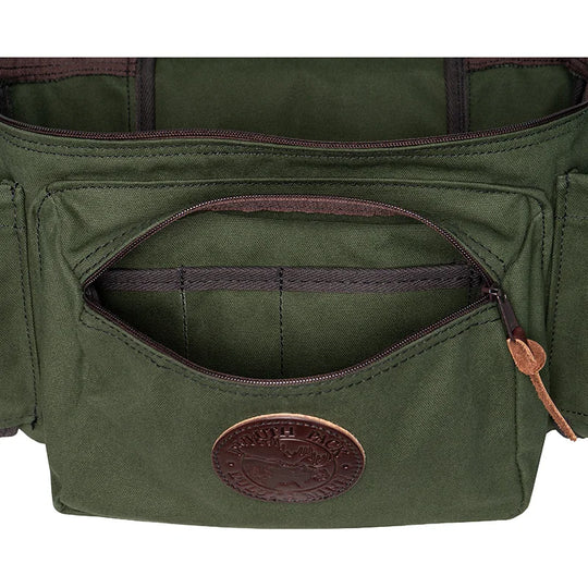 All Day Lumbar Pack in Olive Drab with a front zippered pocket and leather logo patch, showcasing durable canvas and rugged outdoor design by Duluth Pack.