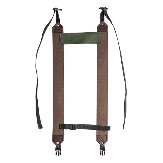 All Day Lumbar Pack removable shoulder straps and waist belt in olive drab and brown canvas with leather reinforcements, designed for rugged outdoor use by Duluth Pack.