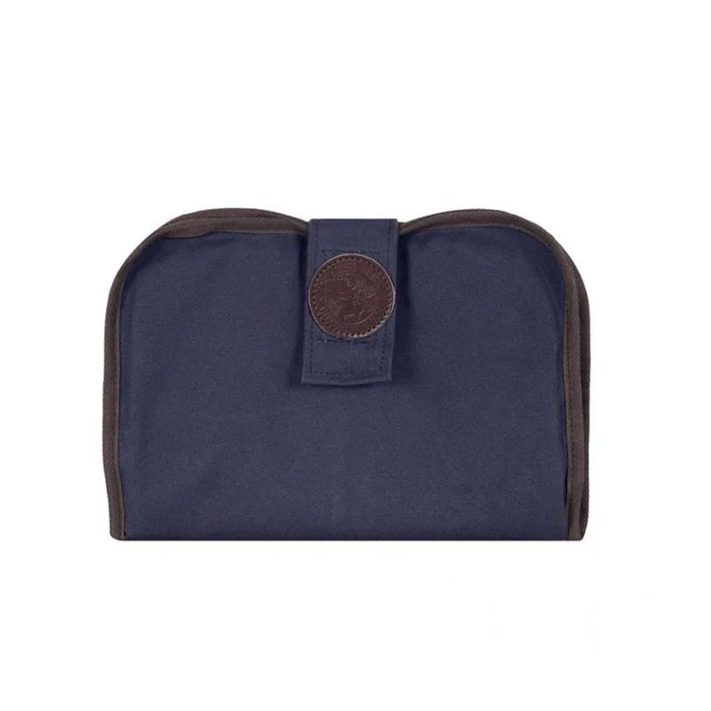 Pistol Cleaning Pad in navy canvas with leather trim and closure, featuring durable rugged construction ideal for firearm care and outdoor use.