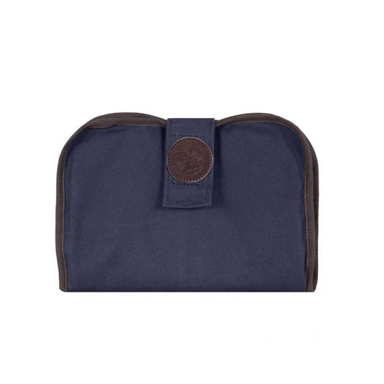 Pistol Cleaning Pad in navy canvas with leather trim and closure, featuring durable rugged construction ideal for firearm care and outdoor use.
