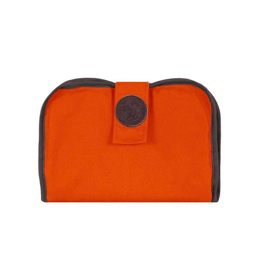 Pistol Cleaning Pad in orange rugged 15-ounce canvas with leather logo patch, built-in foam padding for firearm care by Duluth Pack.
