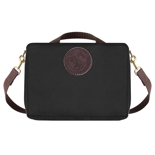 Mini Tackle Box in black canvas with removable cotton web shoulder strap and antique brass hardware, designed for durable outdoor use by Duluth Pack.