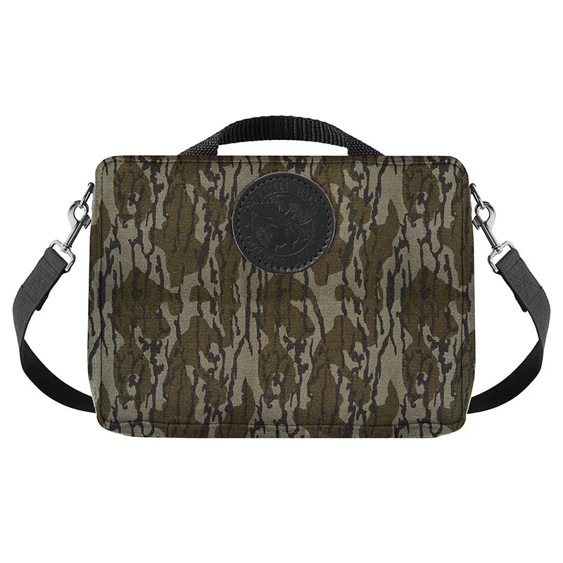 Mini Tackle Box in Mossy Oak Bottomland Camo with removable cotton web shoulder strap, durable canvas design for rugged outdoor use by Duluth Pack.