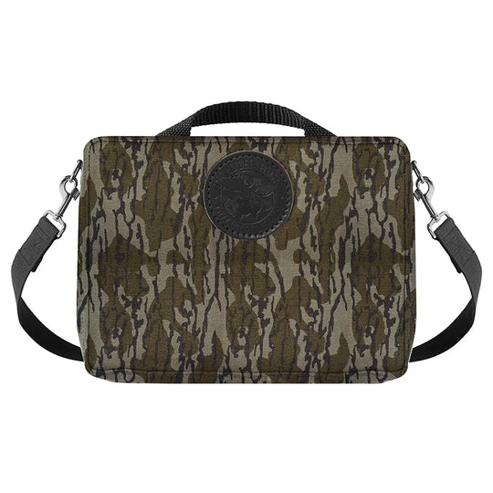 Mini Tackle Box in Mossy Oak Bottomland Camo with removable cotton web shoulder strap, durable canvas design for rugged outdoor use by Duluth Pack.