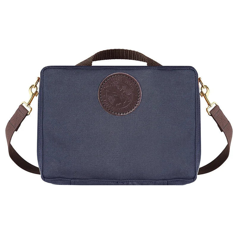 Mini Tackle Box in Navy with cotton web shoulder strap and brass hardware, designed for durable outdoor use and rugged performance.