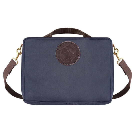Mini Tackle Box in Navy with cotton web shoulder strap and brass hardware, designed for durable outdoor use and rugged performance.