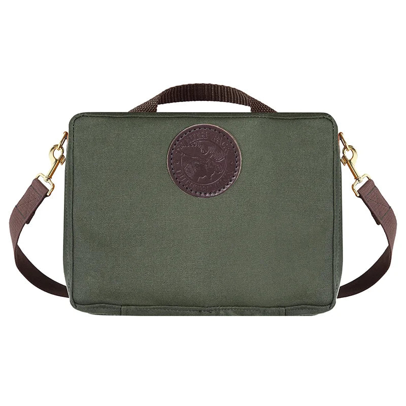 Mini Tackle Box in Olive Drab with removable cotton web shoulder strap and brass hardware, crafted for durable outdoor use and reliable gear storage.