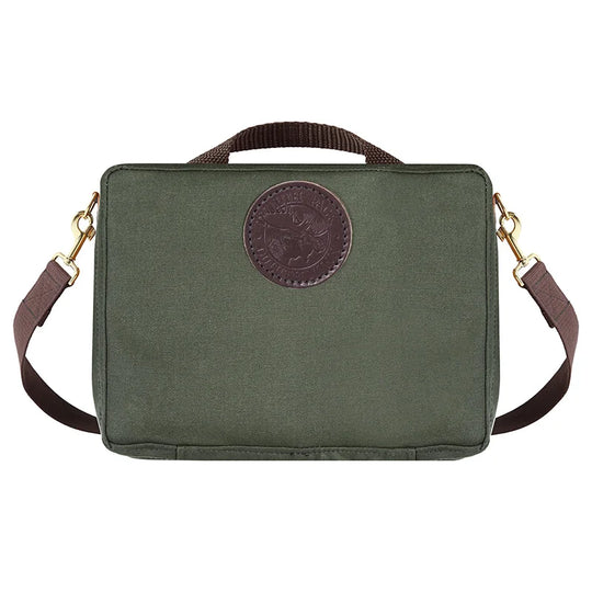 Mini Tackle Box in Olive Drab with removable cotton web shoulder strap and brass hardware, crafted for durable outdoor use and reliable gear storage.