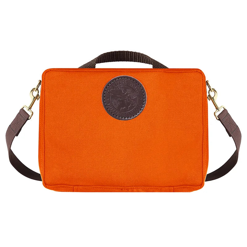 Mini Tackle Box in bright orange with cotton web shoulder strap and leather patch, designed for durable outdoor use and rugged fishing gear organization.