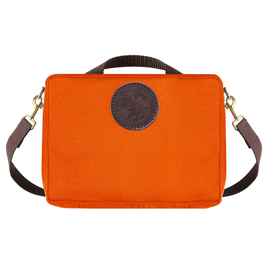 Mini Tackle Box in bright orange with cotton web shoulder strap and leather patch, designed for durable outdoor use and rugged fishing gear organization.