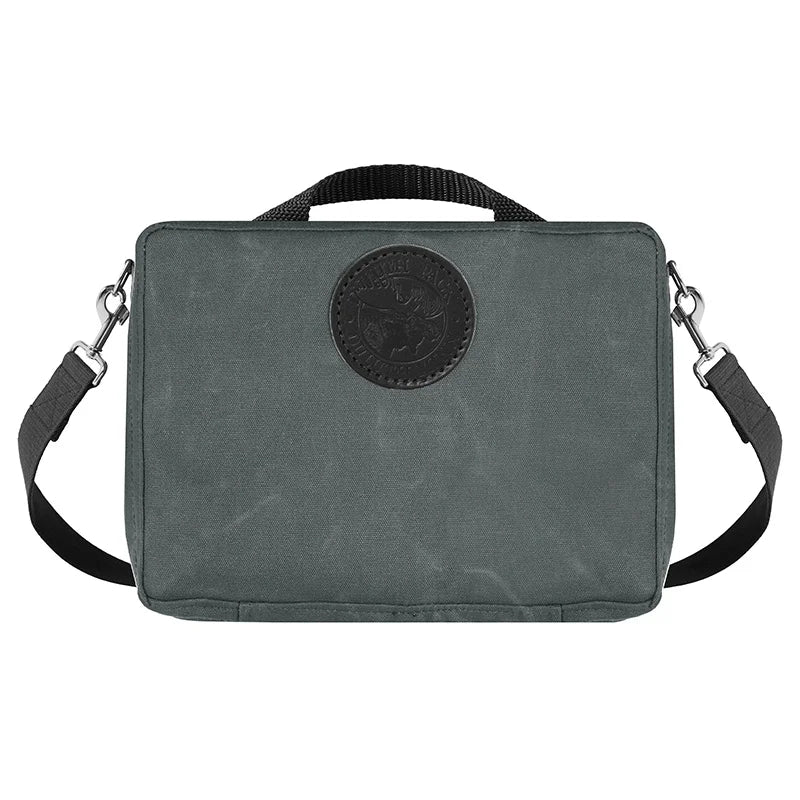 Mini Tackle Box in waxed grey canvas with removable cotton shoulder strap, designed for durable outdoor use by Duluth Pack.