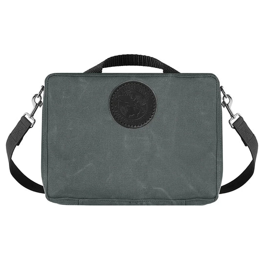 Mini Tackle Box in waxed grey canvas with removable cotton shoulder strap, designed for durable outdoor use by Duluth Pack.