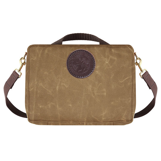 Mini Tackle Box in waxed khaki canvas with cotton web shoulder strap and antique brass hardware, designed for durable outdoor use by Duluth Pack.
