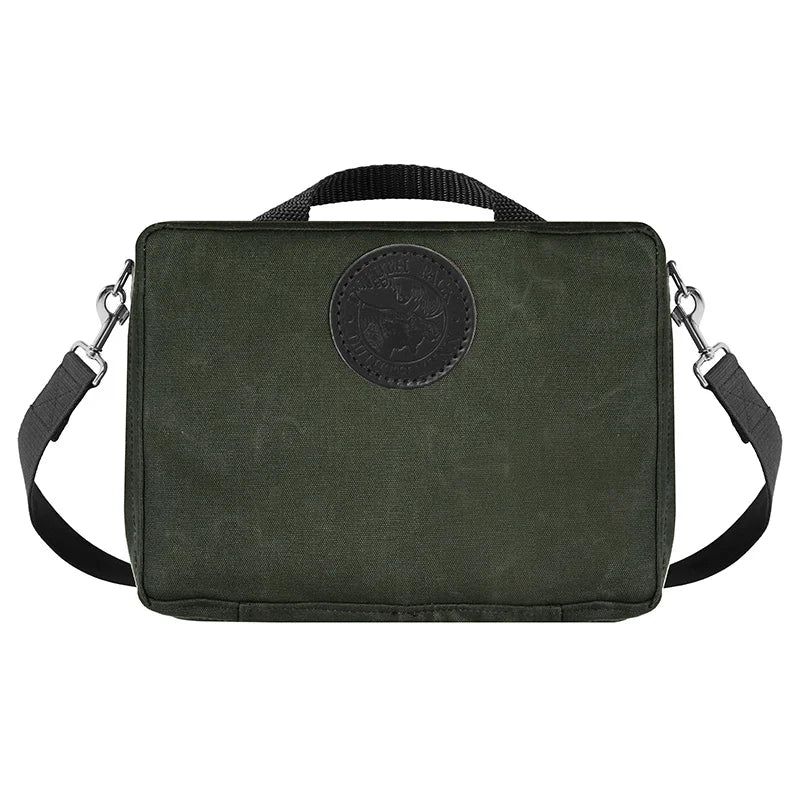 Mini Tackle Box in Olive Drab with removable cotton web shoulder strap, handmade canvas construction for durable outdoor gear use by Duluth Pack.